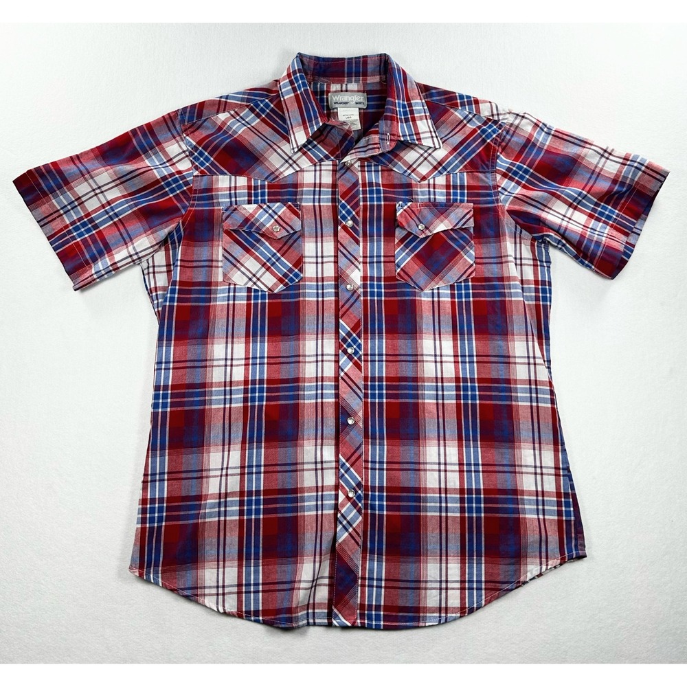 Wrangler Wrancher Mens Large Red Blue Plaid Short Sleeve Western Snap Shirt
